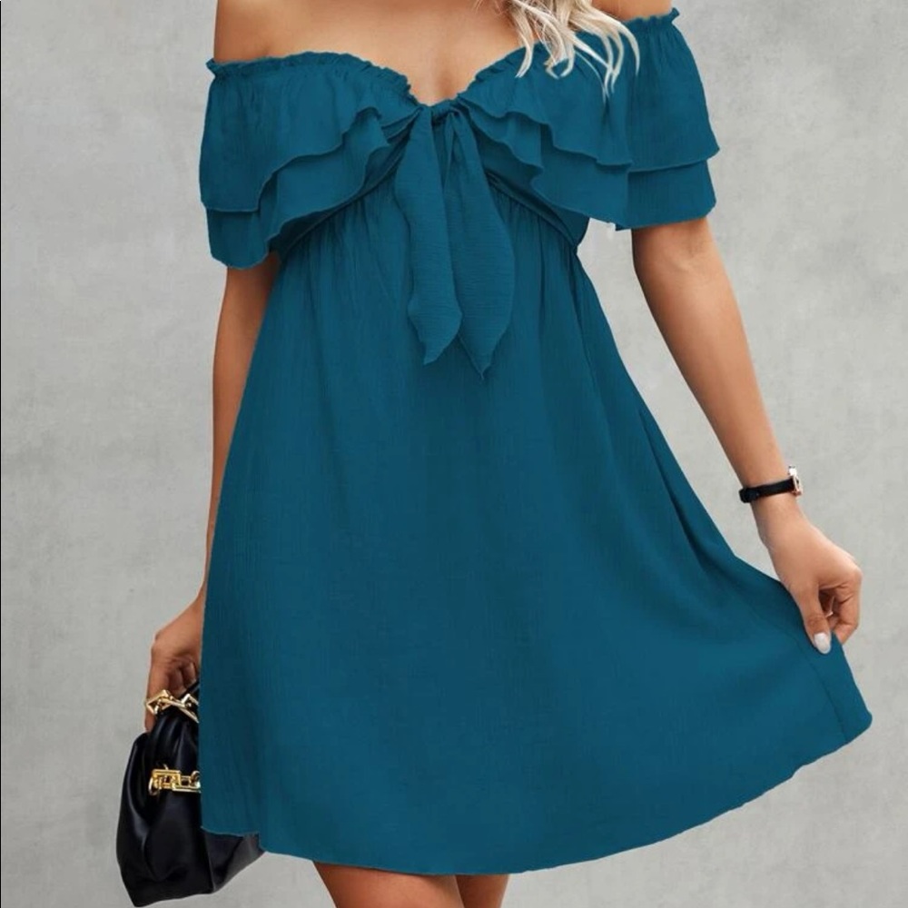 Knot Front Layered Ruffle Off Shoulder Dress